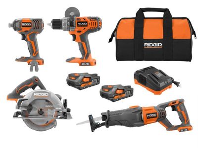 RIDGID 18V Lithium-Ion Cordless Combo Kit (4-Tool) w/ (2) 2.0 Ah Batteries, 18V Charger & Contractor's Bag On Sale for $ 298.00 at Home Depot Canada