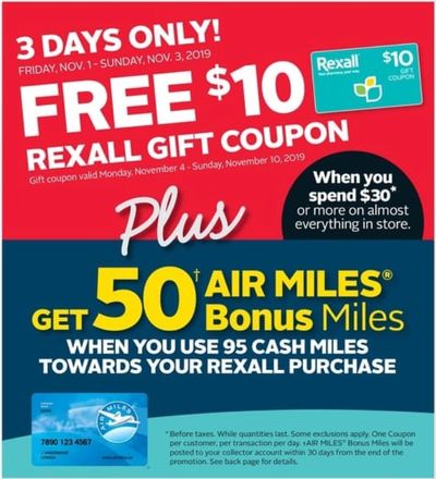 Rexall Pharma Plus Drugstore Canada Coupon & Flyers Deals: FREE $10 Card With $30 Purchase + More