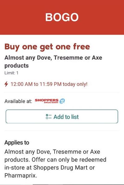 Shoppers Drug Mart Canada Offers: Buy One Get One Free Dove, Tresemme, or Axe Products