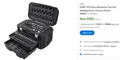 Walmart Canada Early Black Friday Deals: HART 215-Piece Mechanics Tool Set $100 (Was $247)