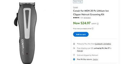 Walmart Canada Pre Black Friday Offers: Conair for MEN 20 Pc Lithium Ion Clipper Haircut Grooming Kit $24.97 (Was $49.97)