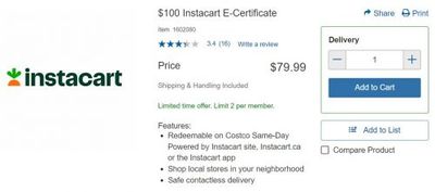 Costco Canada Pre-Black Friday Offers: $100 Instacart E-Certificates for $79.99