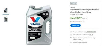 Walmart Canada Pre-Black Friday Offers: Valvoline Advanced Full Synthetic 0W20 Motor Oil, Easy Pour – 5L Jug $29.97 (was $52.97)