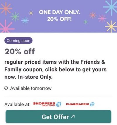 Shoppers Drug Mart Canada Friends & Family Coupon: Save 20% on Regular Priced Items November 14th
