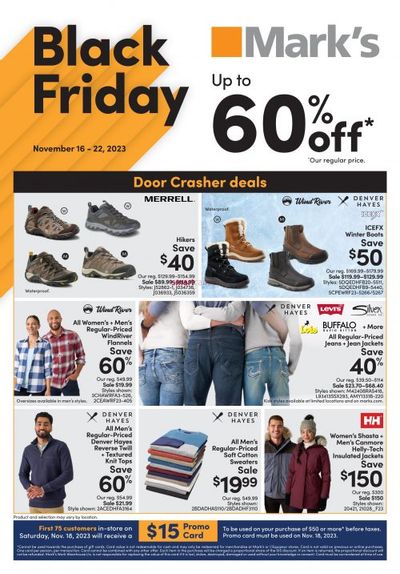 Mark’s Canada Black Friday Flyer November 16th – 22nd: First 75 Customers on Nov 18th Get A $15 Promo Code + Door Crashers + More