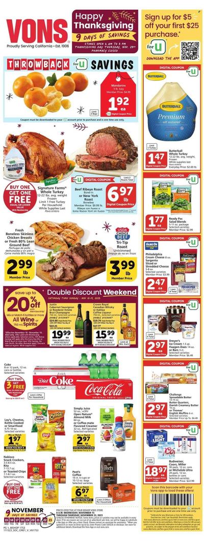 Vons (CA) Weekly Ad Flyer Specials November 15 to November 23, 2023