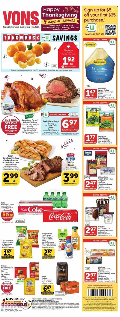 Vons (CA) Weekly Ad Flyer Specials November 15 to November 23, 2023