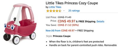 Amazon Canada Deals: Save 30% on Little Tikes Princess Cozy Coupe + up to 40% on Lucky Brand Clothing & Footwear
