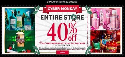 Bath & Body Works Canada Cyber Monday Sale: Save 40% on Everything + Free Shipping on $50 with Promo Code