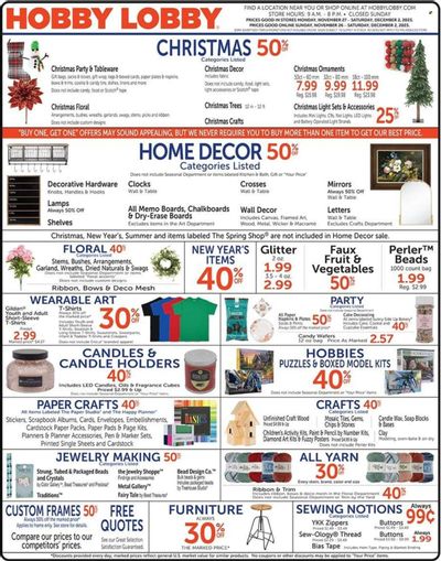 Hobby Lobby Weekly Ad Flyer Specials November 26 to December 2, 2023