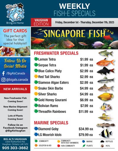 Big Al's (Vaughan) Weekly Specials December 1 to 7
