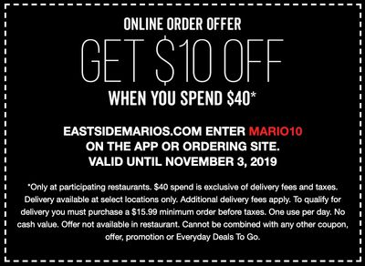 East Side Mario’s Canada Promotions: Get $10 off When you Spend $40, with Coupon