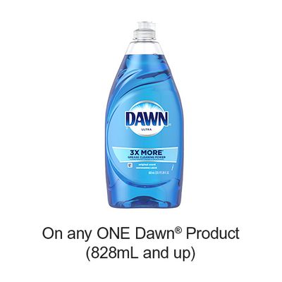 Save 50¢ when you buy any ONE Dawn Product (828mL and up) (excludes trial/travel size, value/gift/bonus packs)