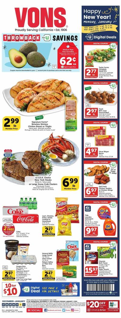 Vons (CA) Weekly Ad Flyer Specials December 27 to January 2, 2024