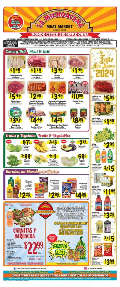 La Michoacana Meat Market (TX) Weekly Ad Flyer Specials December 27 to January 9, 2024