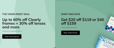 Clearly Canada Shop And Save: Get $20 off $119 or $40 off $159 Spent on Contact Lenses and up to 60% off Clearly Frames + More