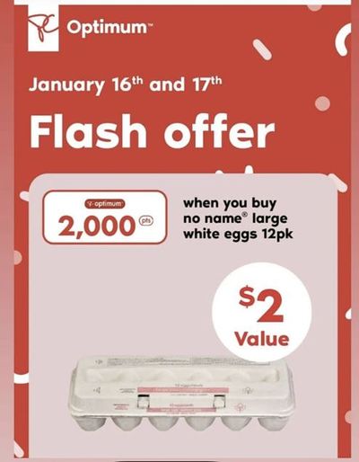 Loblaws Ontario PC Optimum Flash Offer: 2,000 Points When You Buy No Name Large White Eggs January 16th & 17th
