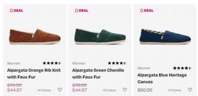 TOMS Canada Deals: Get 2 for $70 Alpargatas, Sneakers & Slippers Using Promo Code + Sale Styles