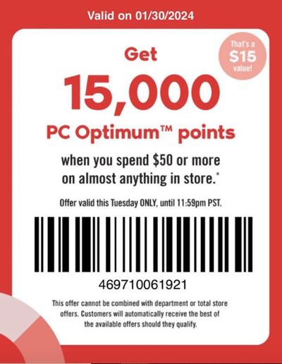 Shoppers Drug Mart Canada Tuesday Text Offer: 15,000 PC Optimum Points When You Spend $50