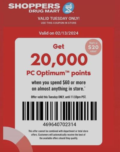 Shoppers Drug Mart Canada Tuesday Text Offer: Get 20,000 PC Optimum Points When You Spend $60 or More