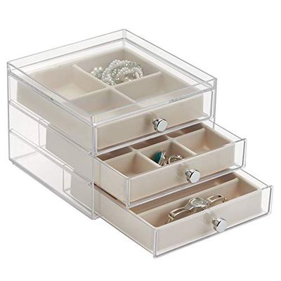 iDesign Plastic 3-Drawer Jewelry Box, Compact Storage Organization Drawers Set for Cosmetics, Dental Supplies, Hair Care, Bathroom, Office, Dorm, Desk, Countertop, Office, 6.5" x 7" x 5", Clear and Ivory White $19.8 (Reg $28.67)