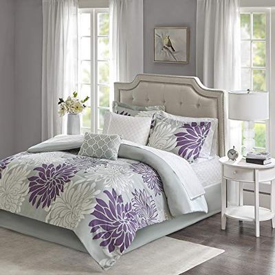 Madison Park Essentials Maible Cozy Bed in A Bag Comforter with Complete Cotton Sheet Set-Floral Medallion Damask Design All Season Cover, Decorative Pillow, King (104 in x 92 in), Purple/Gray $126.3 (Reg $225.11)