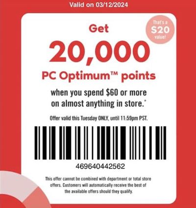Shoppers Drug Mart Canada Tuesday Text Offer: 20,000 Points When You Spend $60 or More March 12th