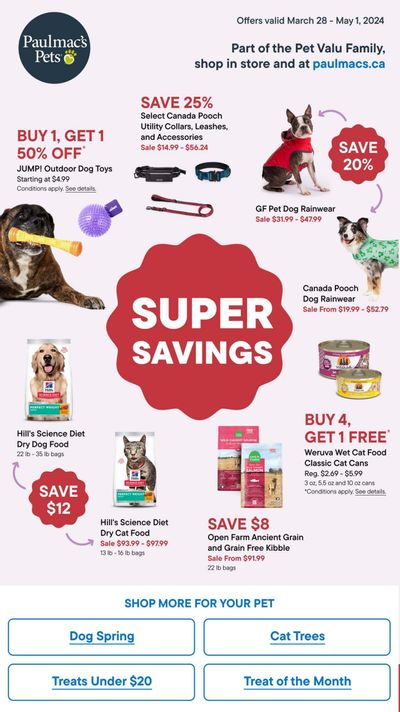 Paulmac's Pets Flyer March 28 to May 1