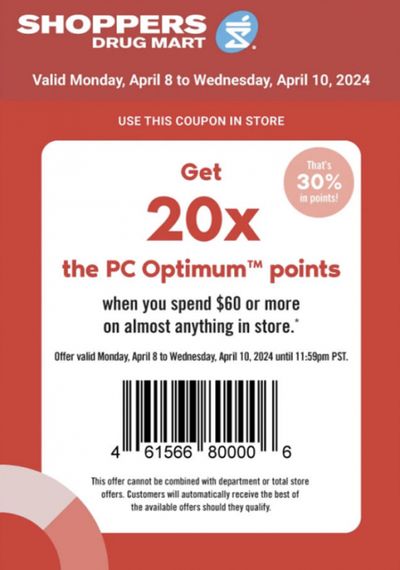 Shoppers Drug Mart Canada: 20x The PC Optimum Points or 20,000 PC Optimum Points Text Offer April 8th – 10th