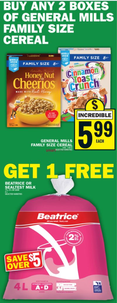 Food Basics Ontario: Free 4L Beatrice or Sealtest Milk When You Buy 2 Family Size General Mills Cereal + $5 Grocery Gift Card