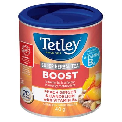 Tetley Super Herbal Boost Tea: Peach, Ginger & Dandelions with Vitamin B6 - 20 Tea Bags, 40 Grams, Naturally Caffeine Free $2.47 (Reg $4.99)