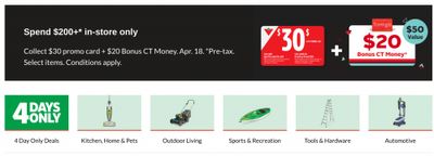 Canadian Tire: Spend $200 and Get A $30 Promo Card + $20 Bonus CT Money April 18th Only