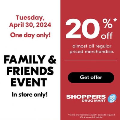 Shoppers Drug Mart Canada Family & Friends Event: Get 20% off Regular Priced Merchandise April 30th