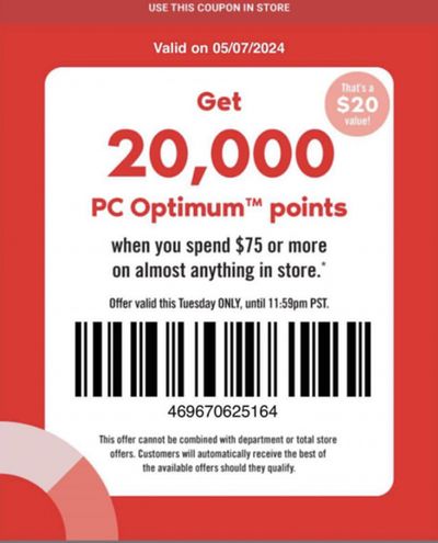 Shoppers Drug Mart Canada Tuesday Text Offer: Get 20,000 PC Optimum Points When You Spend $75 or More