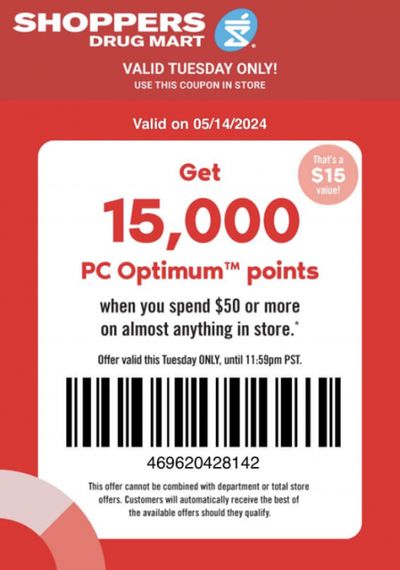 Shoppers Drug Mart Canada Tuesday Text Offer: Get 15,000 Points When You Spend $50 Or More