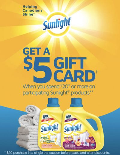 Sunlight Canada Offers: Get A $5 Gift Card When You Spend $20 on Participating Sunlight Products