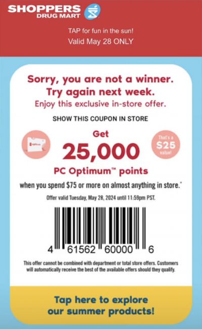 Shoppers Drug Mart Canada Tuesday Text Offer: Get 25,000 Points When You Spend $75 Or More