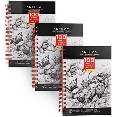 Arteza Sketchbooks, Pack of 3, 5.5 x 8.5 Inches, 100 Sheets Each, Spiral-Bound 68-lb Drawing Paper, Art Supplies for Graphite Pencil, Colored Pencil, Charcoal, & Soft Pastel $34.54 (Reg $39.99)