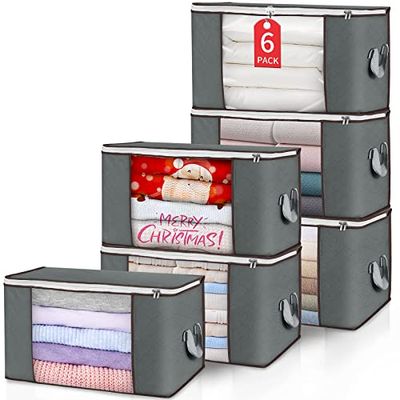 90L Large Storage Bags, 6 Pack Clothes Storage Bins Foldable Closet Organizer Storage Containers with Durable Handles Thick Fabric for Clothing, Blankets, Comforters, Bedding and Toys 90L (Gray) $29.99 (Reg $48.99)