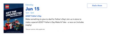 Toys R Us Canada: Free Father’s Day LEGO Make & Take Event June 15th