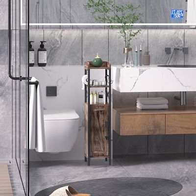 VECELO Small Bathroom Cabinet, Slim Toilet Paper Holder with Door & 2 Shelves, Upgraded Storage Organizer,Fenced Top, Waterproof Coating, 7.9" L x 7.1" W x 31.5" H, Rustic Brown $67.99 (Reg $95.82)