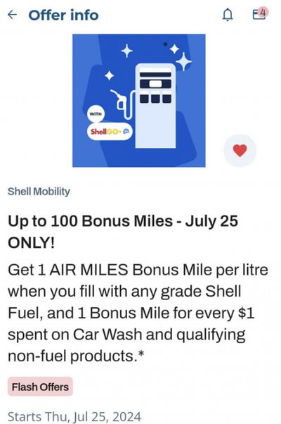 Air Miles Flash Offers: Get up to 100 Bonus Miles When You Fill with Shell Fuel July 25th Only