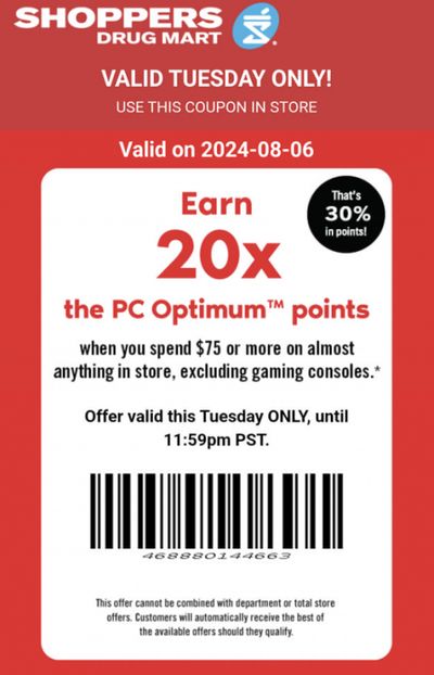 Shoppers Drug Mart Canada Tuesday Text Offer: Get 20x The PC Optimum Points When You Spend $75 or More
