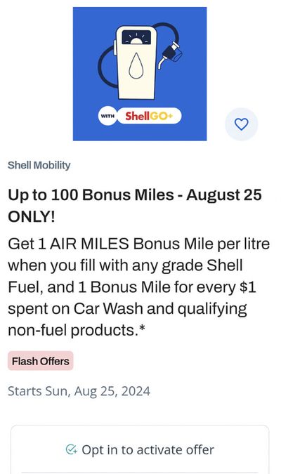 Air Miles Flash Offers: Up to 100 Bonus Miles When You Fill With Any Grade Shell Fuel August 25th Only