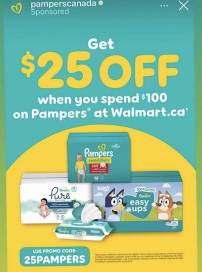 Walmart Canada:  Get $25 off When You Spend $100 on Pampers at Walmart.ca