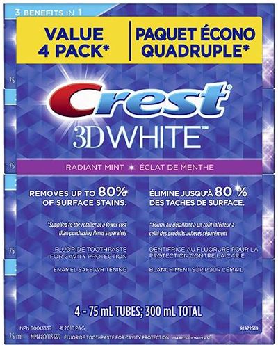 Crest 3d White Radiant Mint Whitening Toothpaste, Pack Of 4, 75 milliliters For $6.96 At Amazon Canada