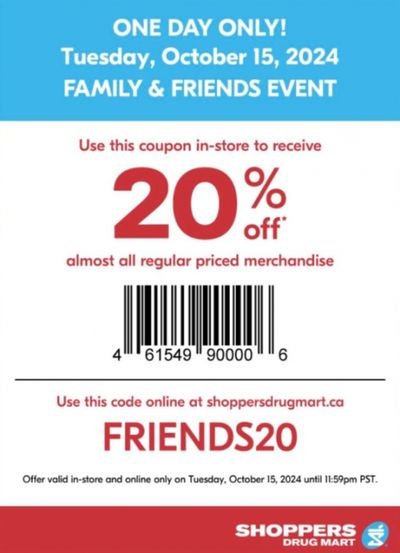 Shoppers Drug Mart Canada Family & Friends Event: Save 20% on October the 15th Only