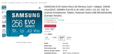 Amazon.ca Cyber Monday Sale: Samsung EVO Select MicroSD Card: 128GB: $14.95, 256GB: $24.95 & 512GB: $42.74