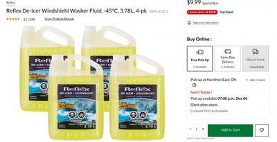 Canadian Tire Special Buy Offer: Get Reflex De-Icer Windshield Washer Fluid, -45°C, 3.78L, 4-Pk for Only $9.99 (Was $23.99)