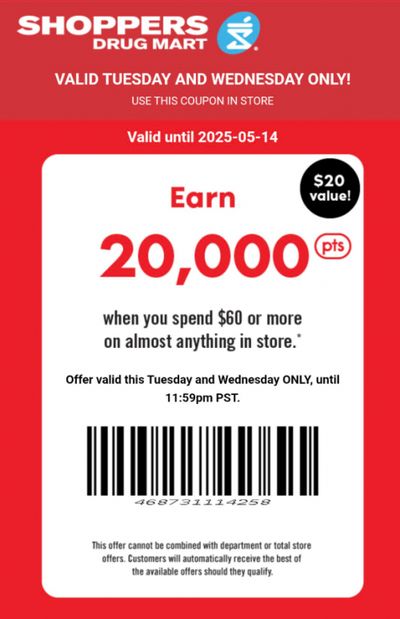 Shoppers Drug Mart Canada Tuesday Text Offer: Get 20,000 PC Optimum Points When You Spend $60 Shoppers Drug Mart Canada Tuesday Text Offer: Get 20,000 PC Optimum Points When You Spend $60